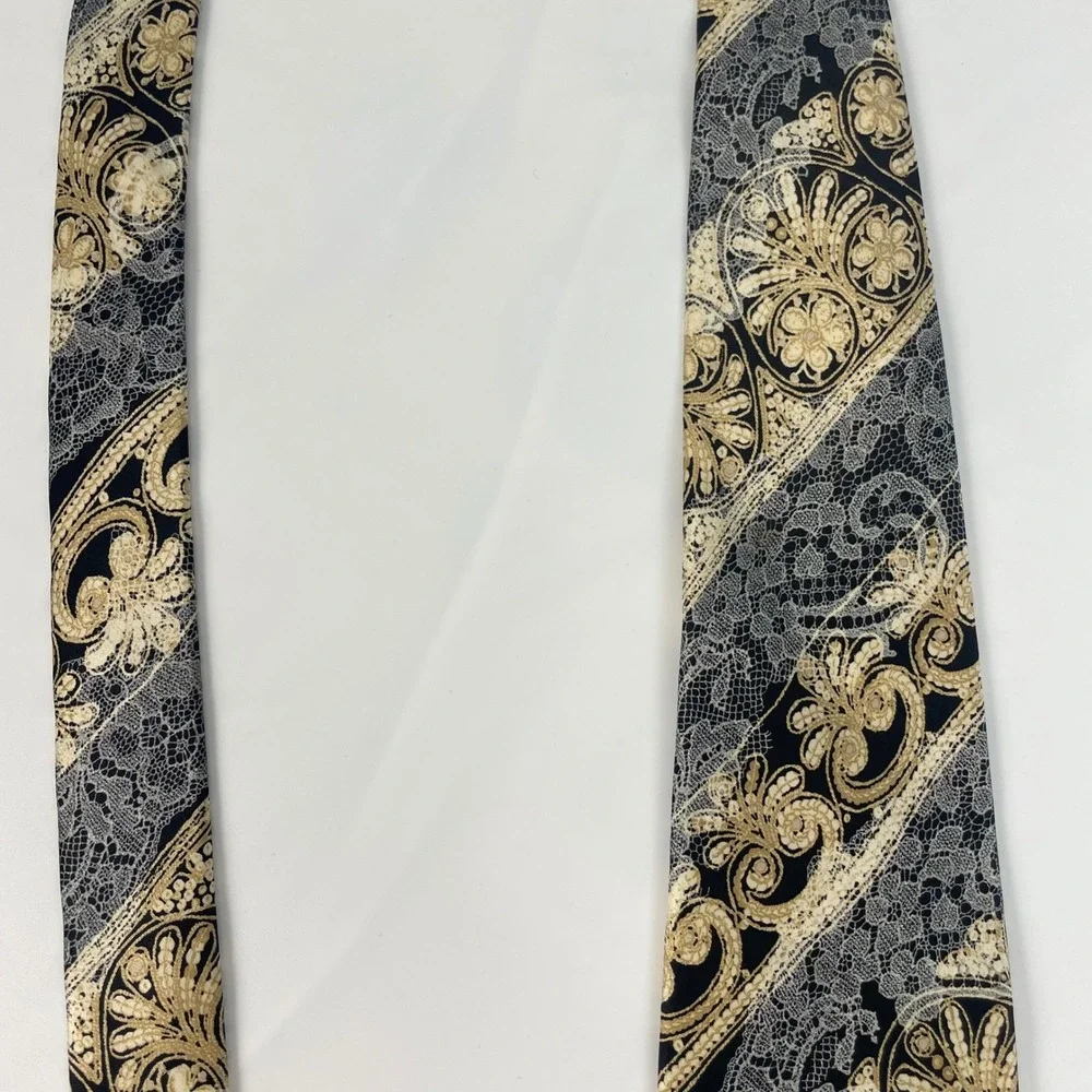 Christian Lacroix Tie Floral Lace Print Stripe Silk Necktie Made in Italy Formal